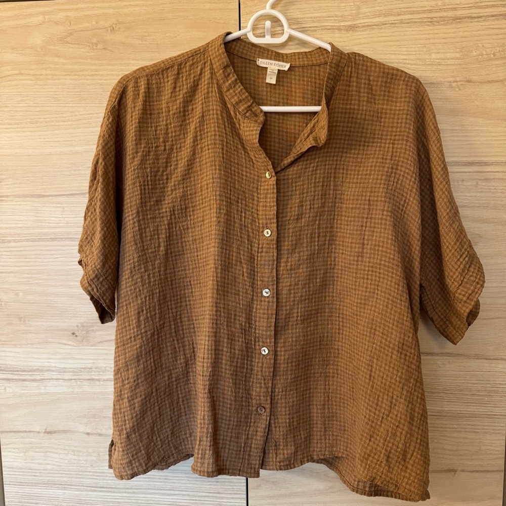 Eileen Fisher Tan Gingham Size: Small 100% Organic Linen